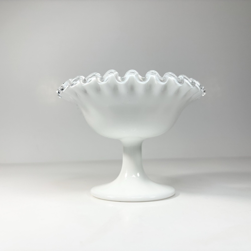 Fenton Silver Crest Milk Glass Small Pedestal Fluted 4" Compote / Candy Dish